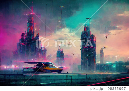 Futuristic car in cyber city with spectacular neon style 3D illustration 96855097