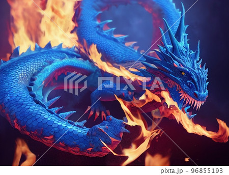 Spectacular blue lung dragon with flame background. Digital art 3D illustration. Spectacular blue lung dragon with flame background. Digital art 3D illustration. 96855193