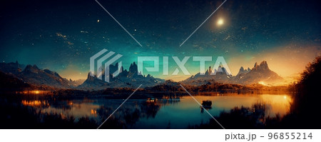 Spectacular digital art 3D illustration of panoramic mountain in starry night. Spectacular digital art 3D illustration of panoramic mountain in starry night. 96855214