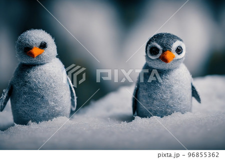 Spectacular polar penguin toy made from felted wool digital art 3D illustration. 96855362