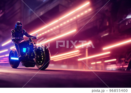 Spectacular digital art 3D illustration of a cyberpunk rider on a future bike. Spectacular digital art 3D illustration of a cyberpunk rider on a future bike. 96855400