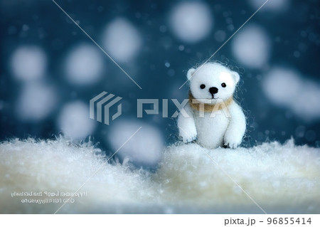 Spectacular felted wool cub toy walking in snow digital art 3D illustration. 96855414