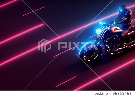 Spectacular digital art 3D illustration of a cyberpunk rider on a future bike. 96855463