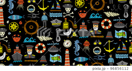 Nautical icons of navigator, ship and captain, lighthouse and sailor. Seamless pattern background for your design 96856112