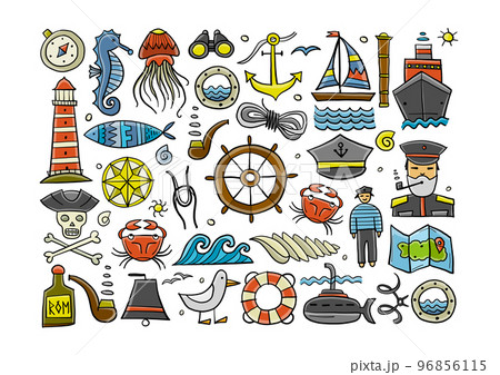 Nautical icons of navigator, ship and captain, lighthouse and sailor. Art background horizontal. Outline style for your design 96856115