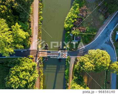Top view aerial with drone of a Draw Bridge over the canal Dessel-Schoten in Rijkevorsel, Antwerp 96856140