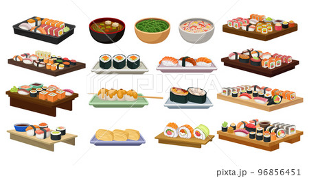 Different Sushi and Maki Served on Board with Soy Sauce and Bowl with Noodles Big Vector Set Different Sushi and Maki Served on Board with Soy Sauce and Bowl with Noodles Big Vector Set 96856451