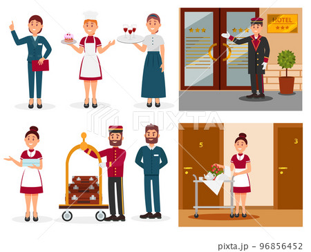 Hotel Staff with Manager, Doorman, Maid, Chef and Host Big Vector Set 96856452