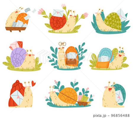 Cute Snail Character with Coiled Shell Carrying Envelope on Its Back Vector Set 96856488