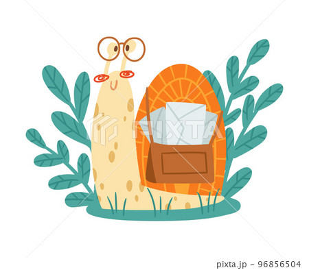 Cute Snail Character with Coiled Shell Carrying Letters in Bag Crawling Vector Illustration 96856504