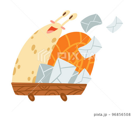 Cute Snail Character with Coiled Shell Riding Trolley with Envelope Vector Illustration 96856508