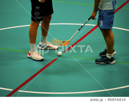 Players wait for referee and start of match. Bullies of floorball match 96856816