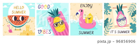 Hello summer poster flamingo and positive fruits cartoon characters. Beach party, cute watermelon lemon and pineapple snugly vector bright postcards 96856906