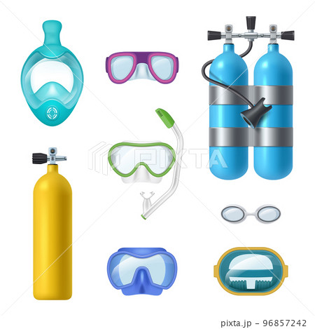 Gas cylinder. Swimming tools for diving scuba mask and oxygen air compressed tanks decent vector realistic templates Gas cylinder. Swimming tools for diving scuba mask and oxygen air compressed tanks decent vector realistic templates 96857242