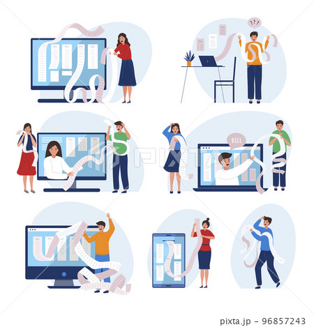 Finance billing. People tax payment finance problems recent vector flat illustrations set Finance billing. People tax payment finance problems recent vector flat illustrations set 96857243