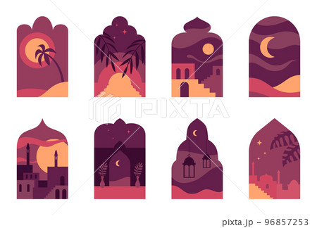 Oriental windows. Authentic islamic beautiful landscape views on mosque from arabic decorative windows frames exact vector cartoon templates 96857253