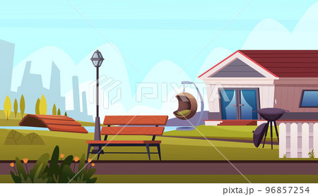 Terrace background. village outdoor relax place with barbecue and benches. Vector background Terrace background. village outdoor relax place with barbecue and benches. Vector background 96857254