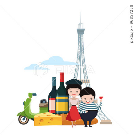 France. eiffel tower wine cheese baguette and authentic france characters male and female 96857258
