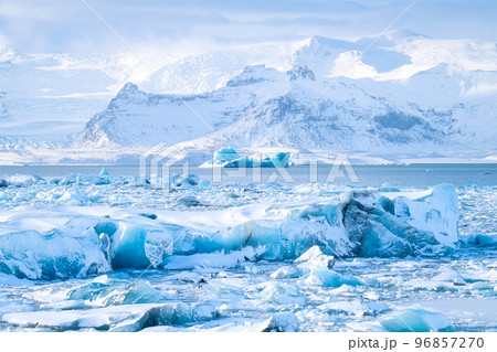 Iceland. Ice as a background. Vatnajokull National Park. Panoramic view of the ice lagoon. Iceland. Ice as a background. Vatnajokull National Park. Panoramic view of the ice lagoon. 96857270