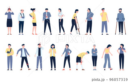 Pain and injured points on people body. Painful knee, ill patient with neck bandage. Hurt injury man, diverse recent vector characters feel ache 96857319