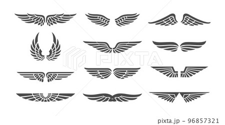 Wing badges. Eagle wings set, retro insignias, winged signs for aviation business emblems tattoos labels Wing badges. Eagle wings set, retro insignias, winged signs for aviation business emblems tattoos labels 96857321