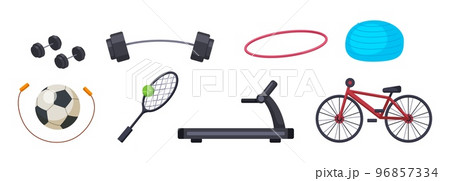 Cartoon sport tools. Bicycle, run simulator, dumbbell barbell and football ball. Isolated training accessories, vector workout elements Cartoon sport tools. Bicycle, run simulator, dumbbell barbell and football ball. Isolated training accessories, vector workout elements 96857334