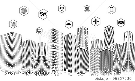 Black and white smart city concept. Dots buildings, abstract architecture urban landscape. Vector future town with communication and connection icons Black and white smart city concept. Dots buildings, abstract architecture urban landscape. Vector future town with communication and connection icons 96857336