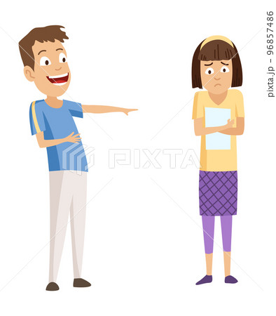 Kids bullying. Childish bullies or verbal and physical conflict between children. Bad child behavior, scared and strong angry children conflict, cartoon characters confrontation 96857486