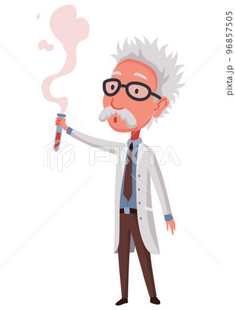 Old scientist holding chemical flask. Funny moustached character wearing glasses and lab coat. Discovery in science. Vector illustration in cartoon style Old scientist holding chemical flask. Funny moustached character wearing glasses and lab coat. Discovery in science. Vector illustration in cartoon style 96857505