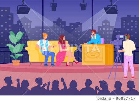 Late night show. Tv evening hosting presenter talk with celebrity personality in studio audience, live talk-show interview on camera, media entertainment swanky vector illustration 96857717