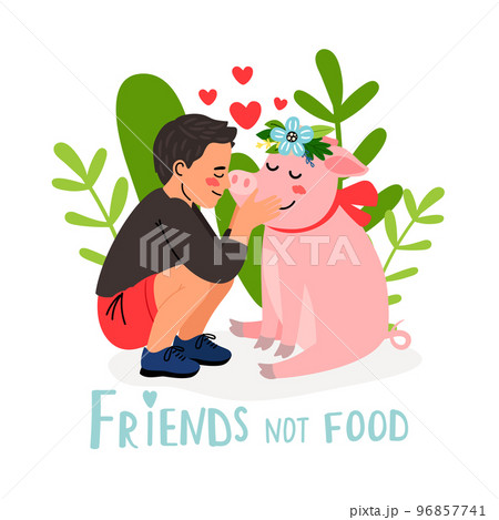 Little kind boy shows his love to animals and hugging a piglet. Nature respect concept and vegan lifestyle. Vector illustration Little kind boy shows his love to animals and hugging a piglet. Nature respect concept and vegan lifestyle. Vector illustration 96857741