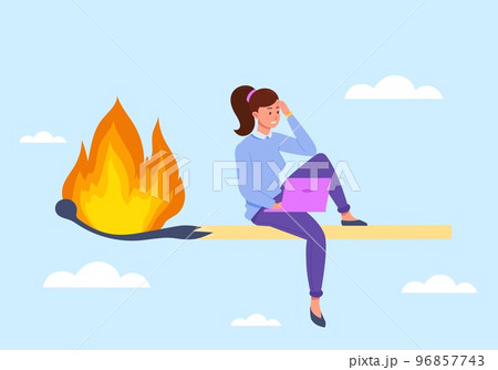 Inefficient woman. Lazy employee time pressured, burn deadline concept, disorganized person with laptop on burning match, overtime workplace late timing stress vector illustration 96857743