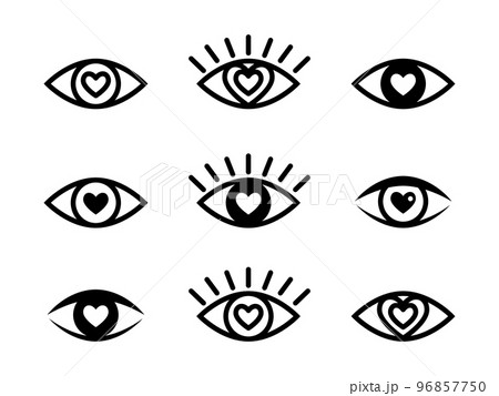 Enamored black eyes icons collection. Images of in love eyes, vector observation and search signs 96857750