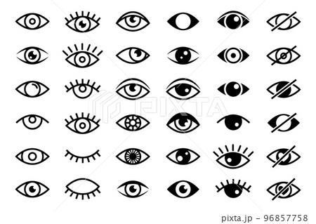 Beautiful black eyes icons collection. Images of open and closed eyes, vector observation and search signs 96857758