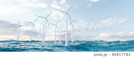 Wind turbines in waving sea. 3D render Wind turbines in waving sea. 3D render 96857783