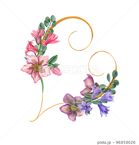 watercolor romantic frame with heart and flowers on a white background. Cute Valentines Day wreath for your design. Wedding round shape template. 96858026