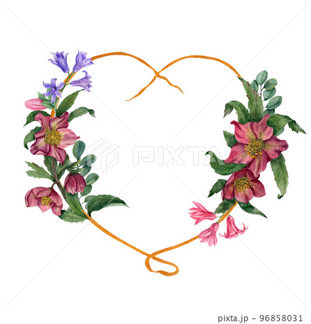 watercolor romantic frame with heart and flowers on a white background. Cute Valentines Day wreath for your design. Wedding round shape template. watercolor romantic frame with heart and flowers on a white background. Cute Valentines Day wreath for your design. Wedding round shape template. 96858031