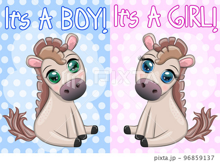 Baby shower party with cute cartoon horse, pony boy and girl 96859137