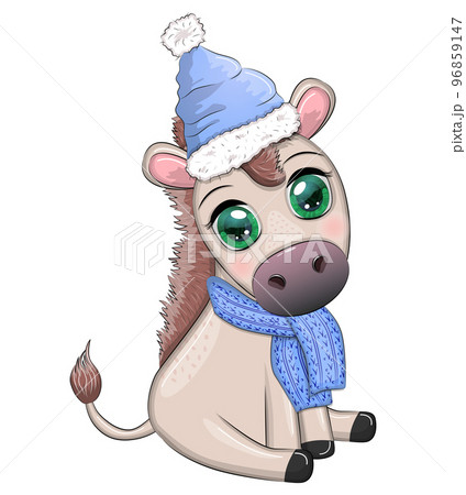 Cute donkey in santa hat with balloon, gift, candy kane, ice skating and winter sports. Postcard for Christmas and New Year. 96859147
