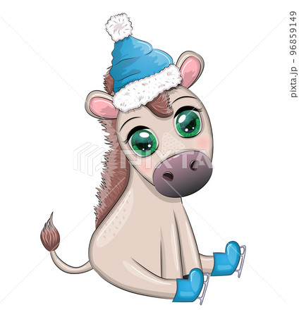 Cute donkey in santa hat with balloon, gift, candy kane, ice skating and winter sports. Postcard for Christmas and New Year. 96859149