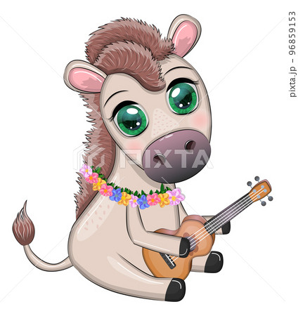 A cute donkey in a flower wreath with a guitar, a hula dancer from Hawaii. Summer card for the festival, travel banner 96859153