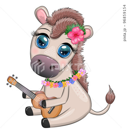 A cute donkey in a flower wreath with a guitar, a hula dancer from Hawaii. Summer card for the festival, travel banner 96859154