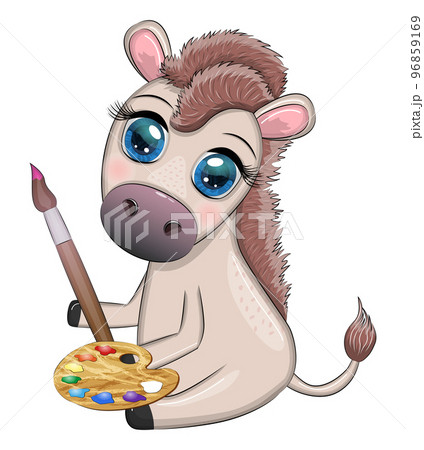 Cute donkey with paint palette and brush, artist character, child illustration 96859169