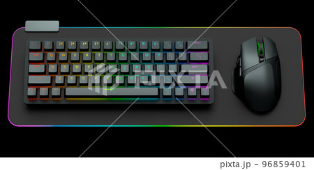 Computer keyboard and mouse on professional pad isolated on black background. Computer keyboard and mouse on professional pad isolated on black background. 96859401