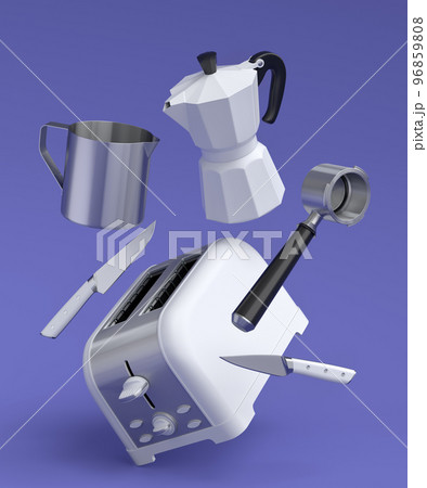Toaster, coffee machine horn and geyser coffee maker on violet background. Toaster, coffee machine horn and geyser coffee maker on violet background. 96859808