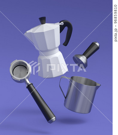 Espresso coffee machine with horn and geyser coffee maker on violet background. 96859810