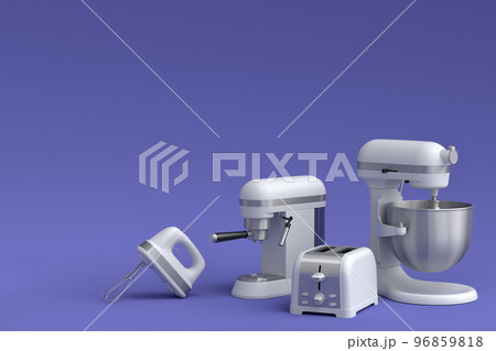 Espresso coffee machine, hand mixer, kettle and toaster on violet background. 96859818