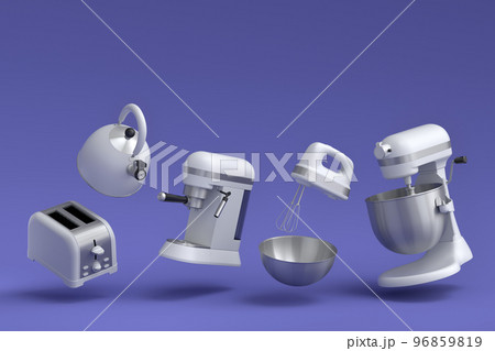 Espresso coffee machine, hand mixer, kettle and toaster on violet background. 96859819