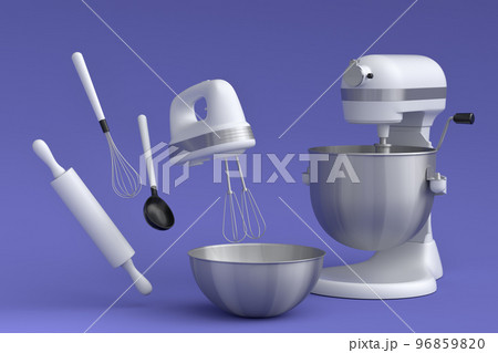 Mixer and bowl with kitchen utensil for preparation of dough on violet Mixer and bowl with kitchen utensil for preparation of dough on violet 96859820