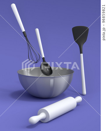 Metal bowl with kitchen utensil for preparation of dough on violet background. Metal bowl with kitchen utensil for preparation of dough on violet background. 96859821